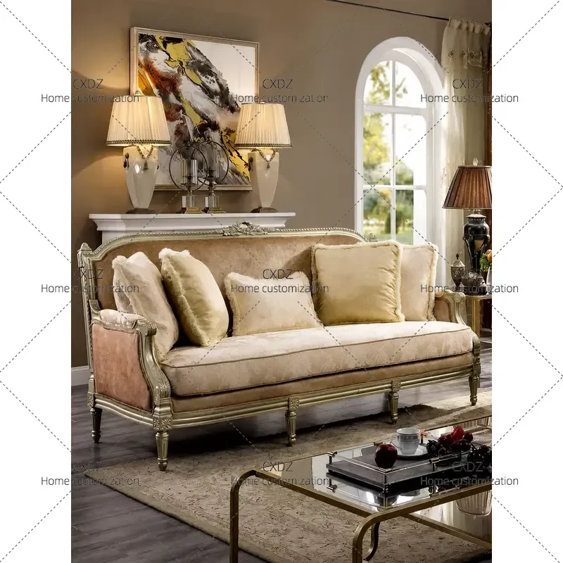 Solid Wood Carved Velvet Sofa Set Retro Light Luxury Fabric Living Room Furniture Three Seater Couch Home