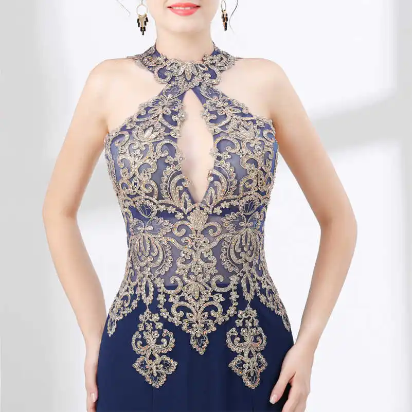 KIVARY sexy sleutelgat halter gouden kant backless pure illusie top lange zeemeermin gala-avondjurken