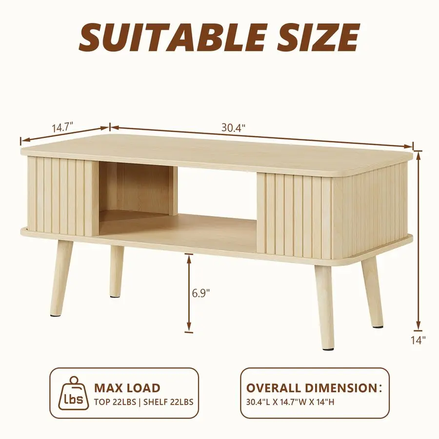Coffee Table with Storage Center Table for Living Room Rectangle Coffee Table with Rounded Edges,Easy Assembly, Natural Wood
