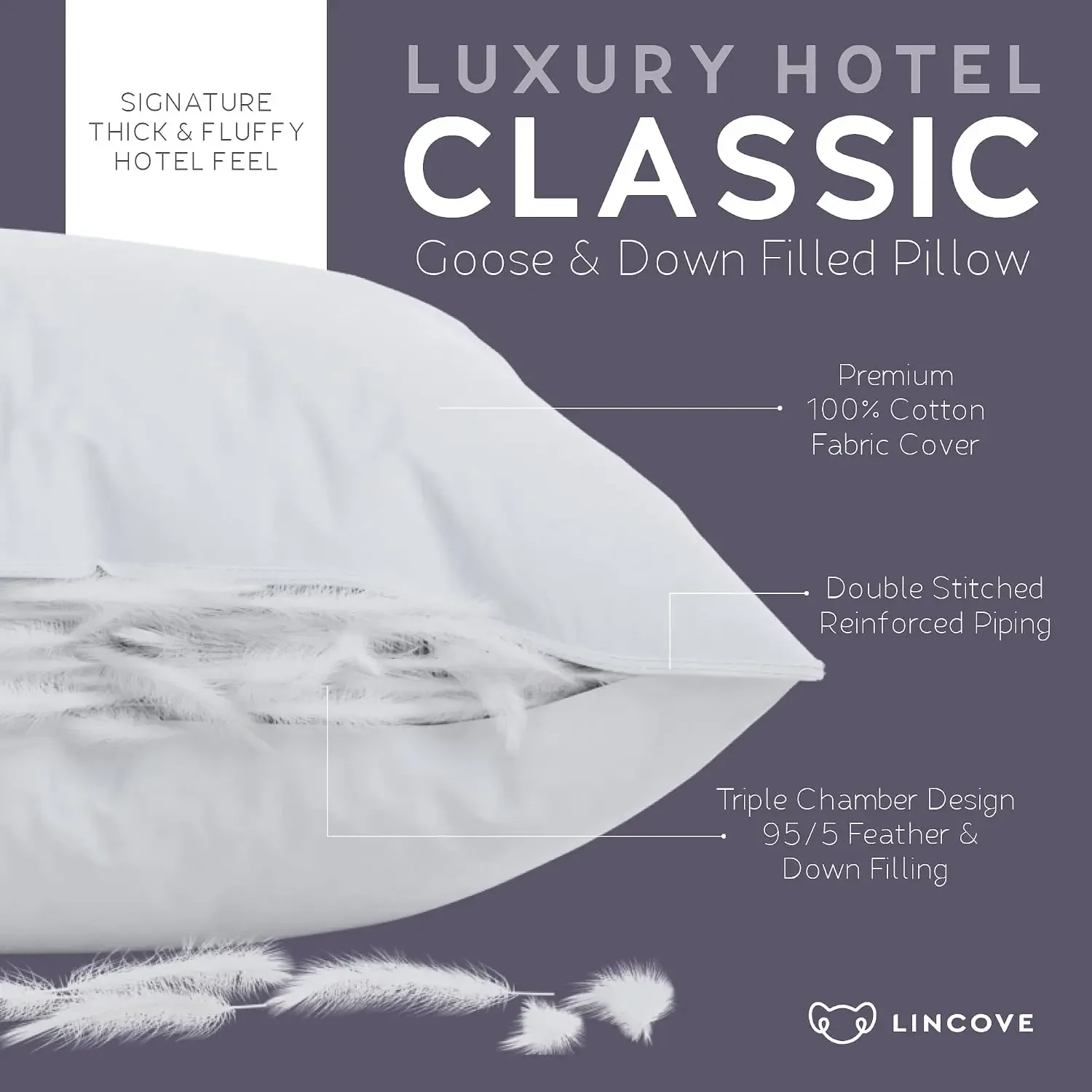 Down and Feather Luxury Hotel Collection Bed Pillows for Sleeping Made in The USA - 100% Cotton Shell, 600 Thread Count - Soft H