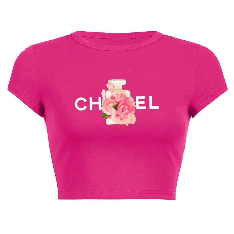 Summer Women T-Shirt Alphabet Flowers Perfume Print Cotton Cropped Navel Short Sleeve Tee Solid Color Street Y2K Top Female Tees