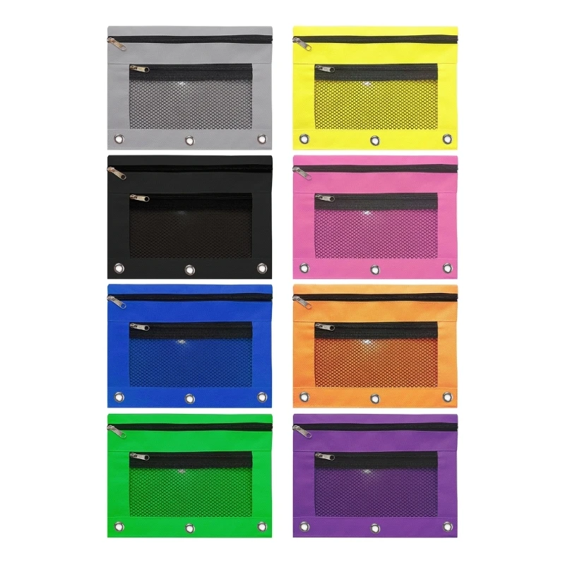 K1AA Estuche para lápices con cremallera capacidad, 2 piezas, bolsillos dobles, estuche para lápices con 3 anillos