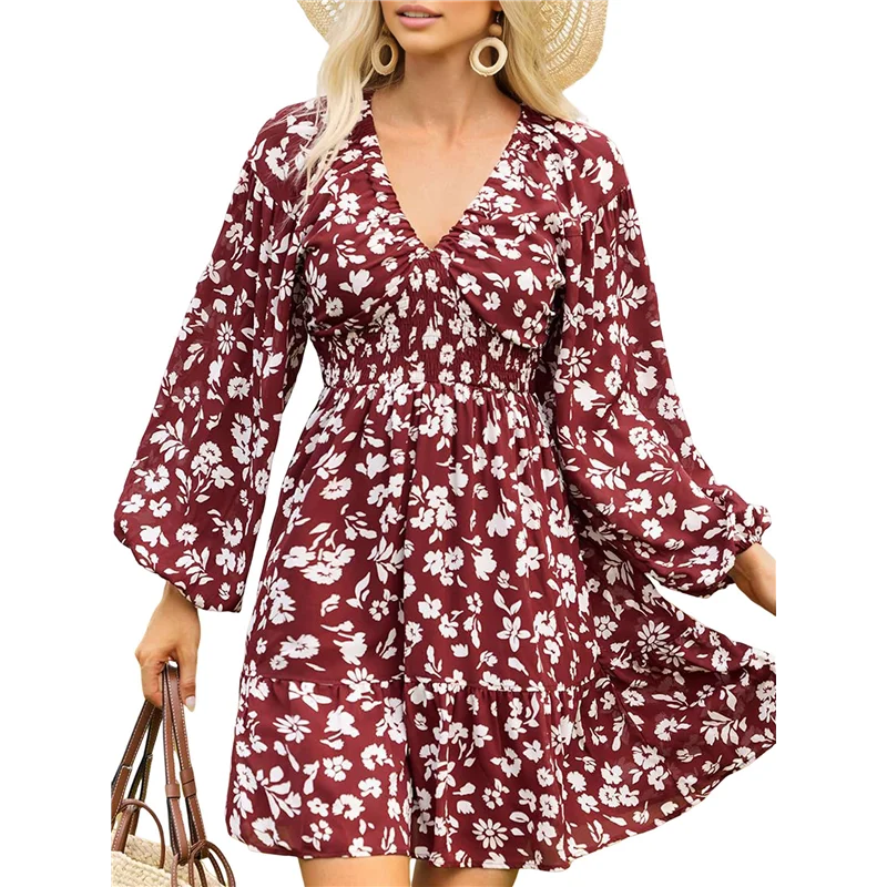 CGS-Donna Autunno Boho Floreale Scollo a V Manica lunga Smocked Elastico in vita Casual A-Line Mini abito prendisole