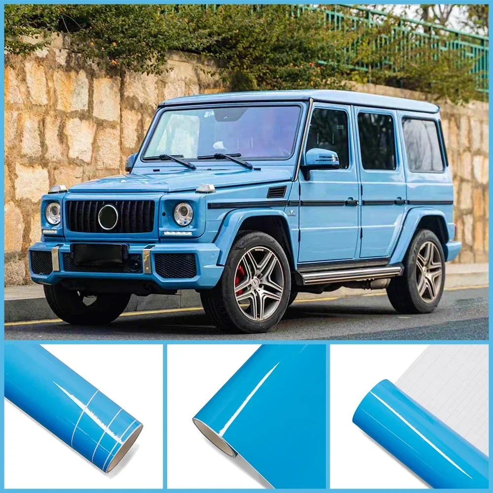 

High Gloss Glossy Light Blue Wrap PET DIY Vinyl Film Car Whole Body PVC Decal Protective Cover Sticker Auto Tuning Accessories