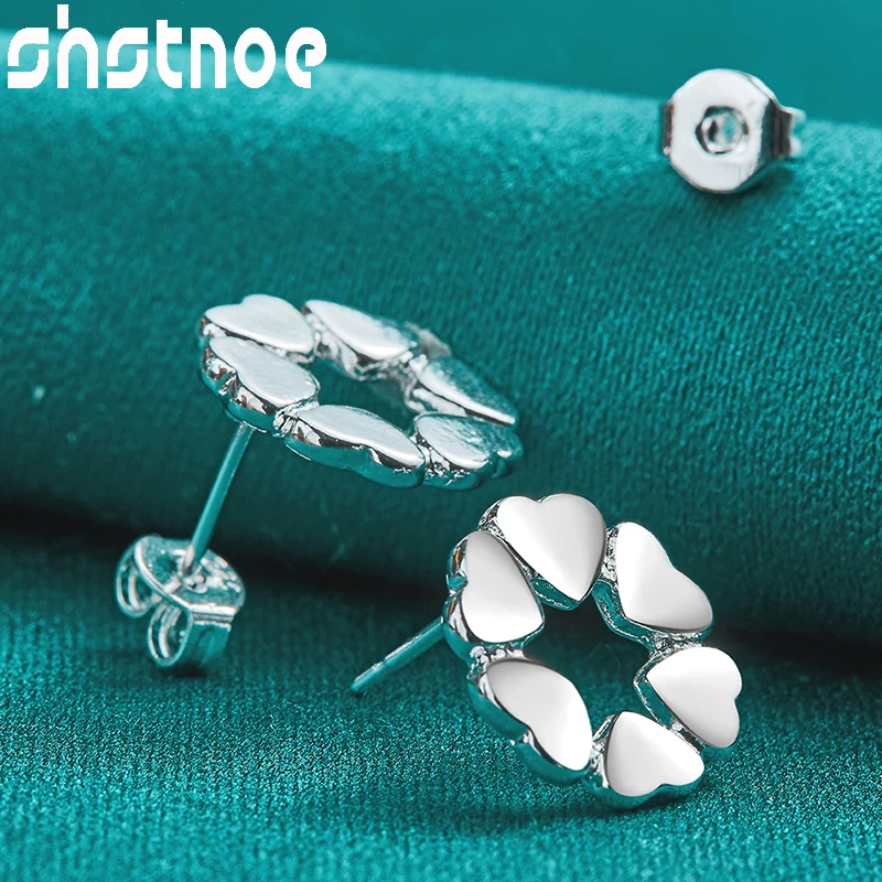 SHSTONE 925 Sterling Silver 11mm Heart-shaped Flower Stud Earring For Women Engagement Wedding Birthday Fashion Jewelry Gift