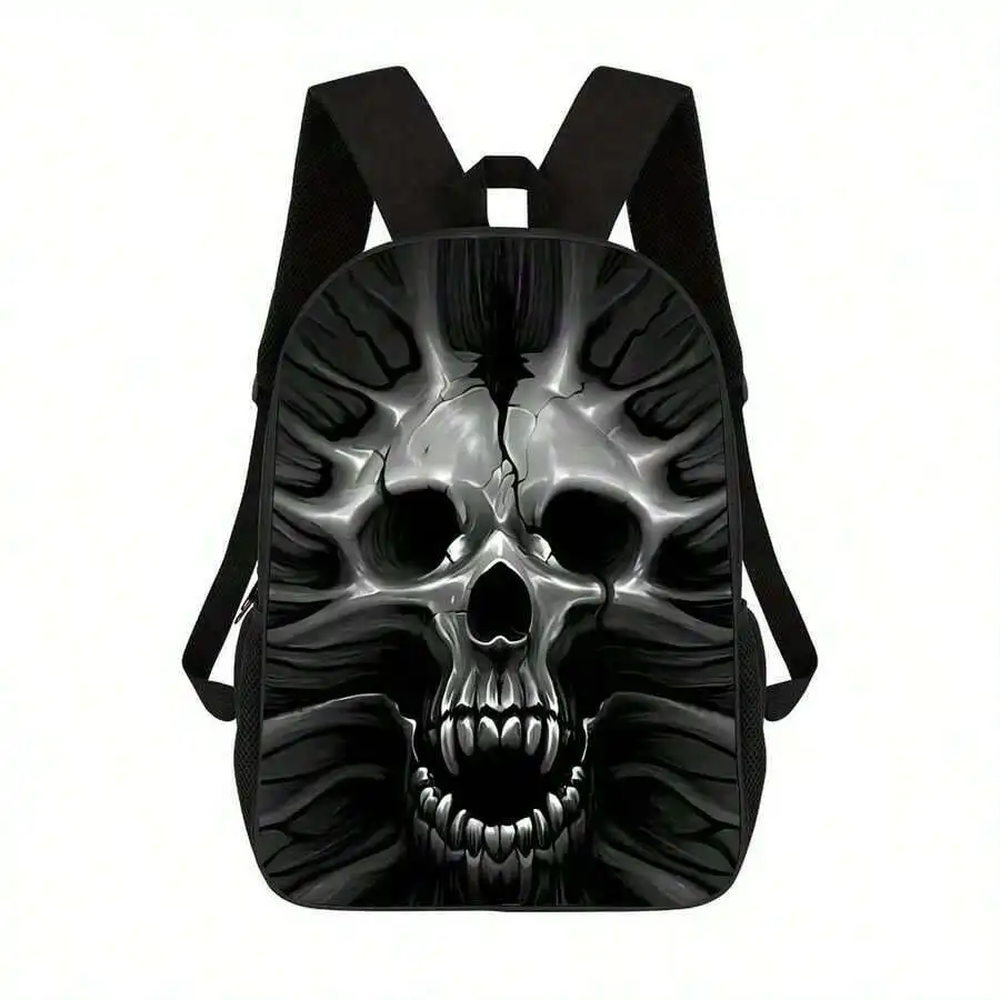 Lightweight Unisex Skull Printed Backpack With Adjustable Straps Zipper Closure Casual Travel School Bag