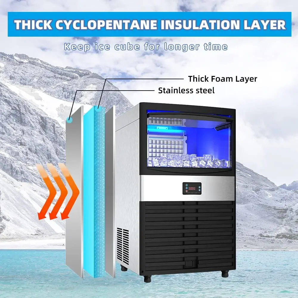 HOOCOO-máquina de hielo comercial, máquina de hielo comercial independiente de 130lbs/24H, 45 cubitos de hielo/ciclo en 13-20 minutos