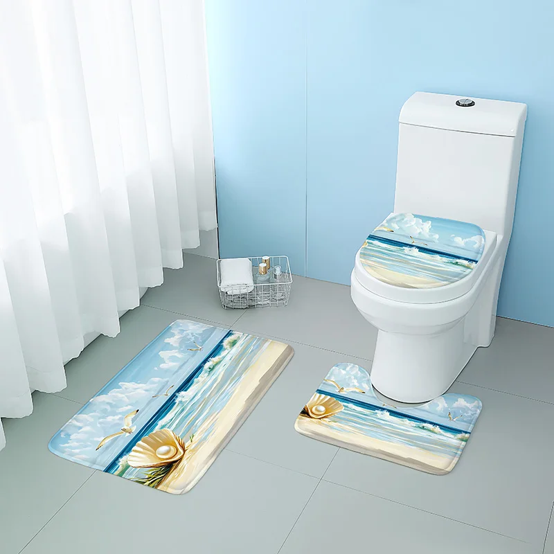 Washable 3-Piece Bathroom Rug Set Non-Slip Ocean Theme Toilet Mat Bathtub Foot Pad Door Mat Flannel Decor with Shell Print
