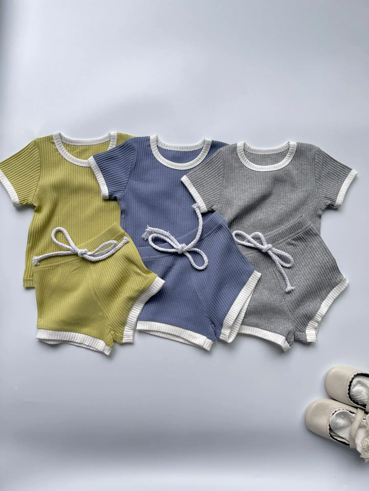 

2025 Summer New Baby Short Sleeve Cotton Clothes Set Infant Boy Girl Solid Ribbed T Shirts + Shorts 2pcs Suit Toddler Outfits