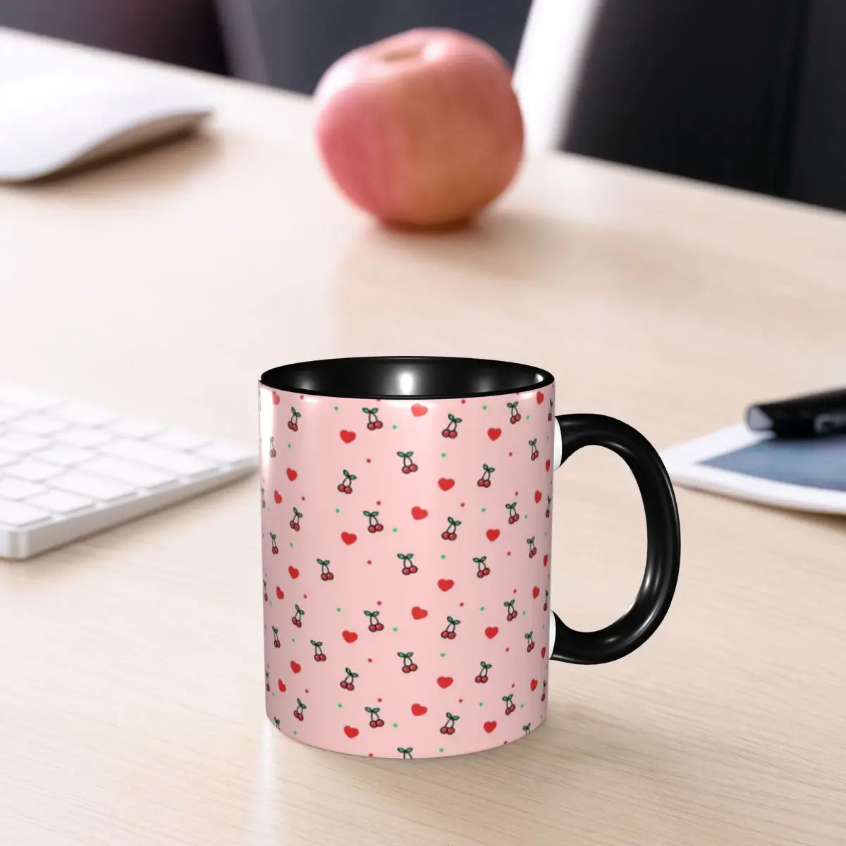 Cherry Heart Design Pattern With Pink Background Mug Funny Ceramic Coffee Cups Tea Mugs Milk Cup Drinkware Gifts for Friends