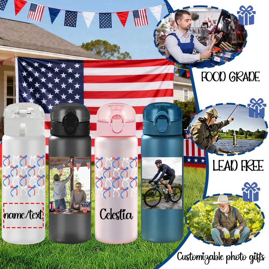 1pc Independence Day Bow Pattern Custom Photo & Name 780ml/26oz Outdoor Travel Sports Water Bottle With Lanyard, Leak-Proof Plas