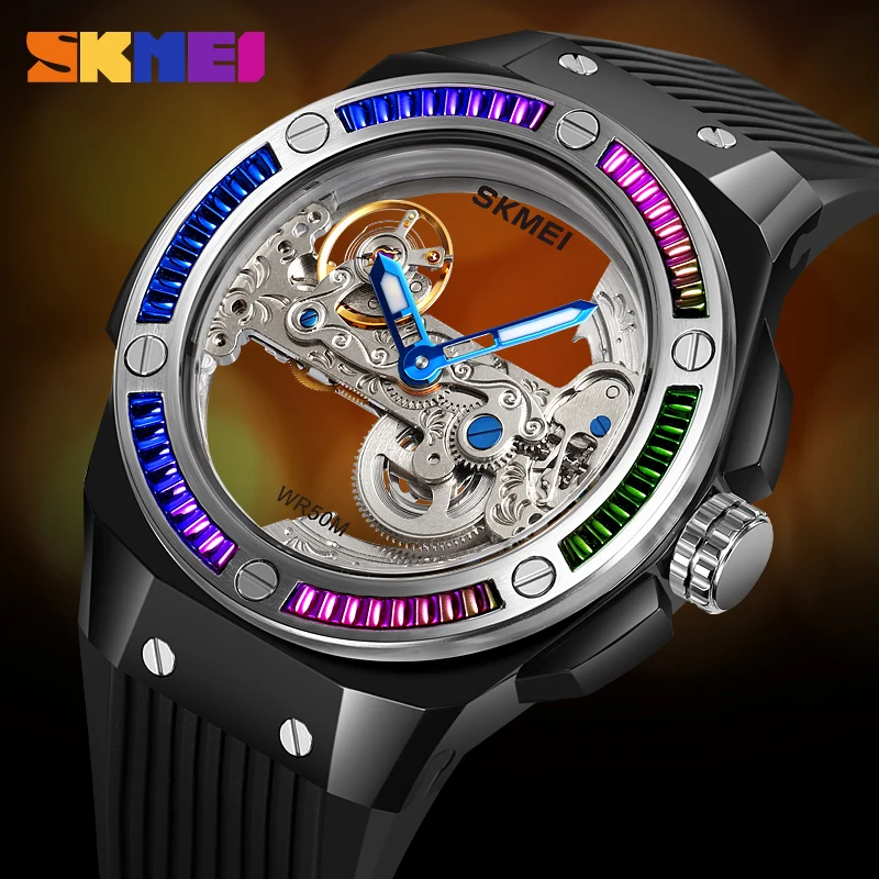 SKMEI Automatic Watch Skeleton Waterproof Wristwatch for Man Luxury Transparent Mechanical Watches Male Clock Silicone Strap