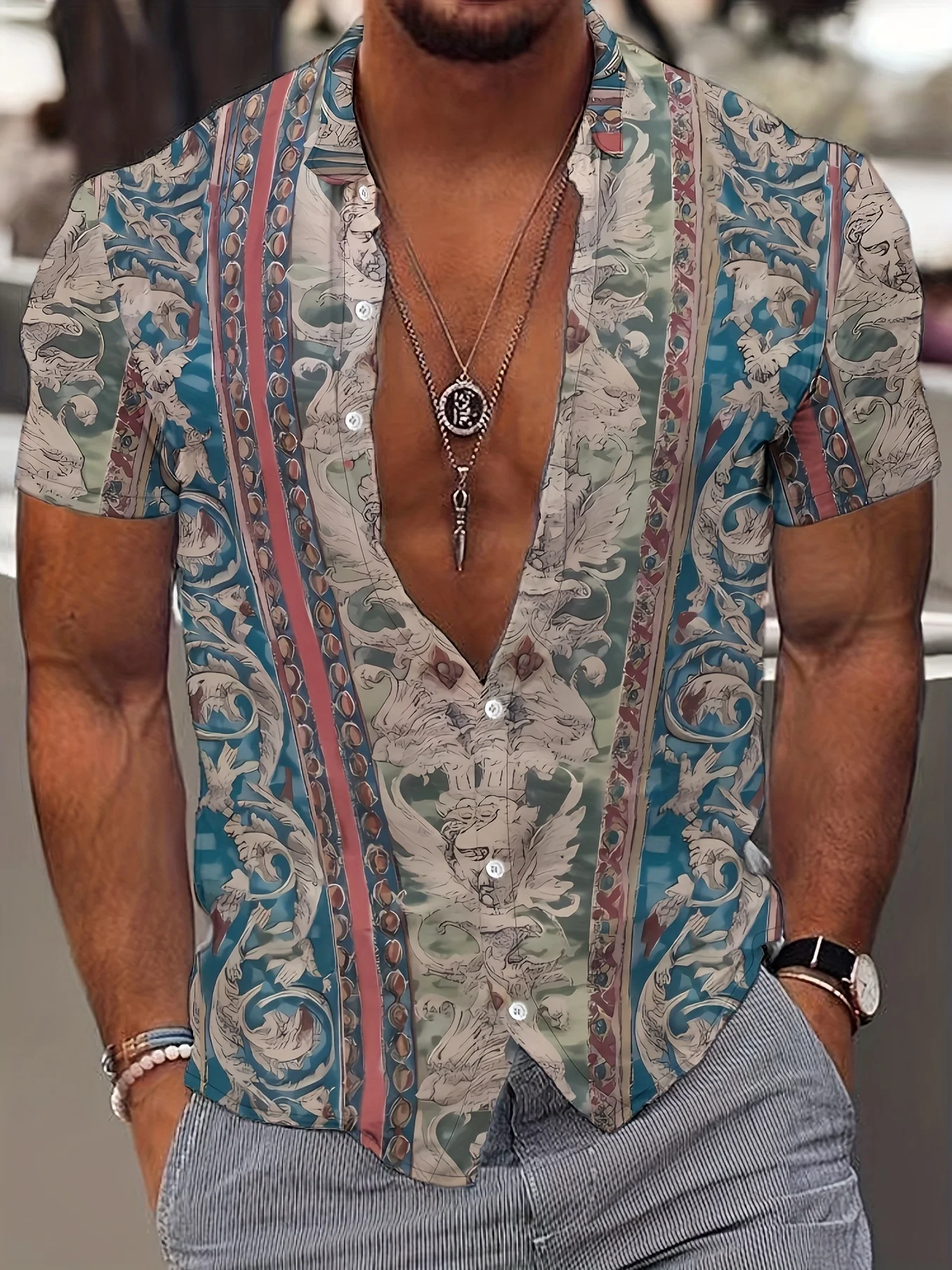Men European Vintage Angel Relief Vertical Baroque Court Print Short Sleeve Shirt