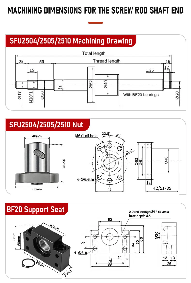 Kugelumlaufspindel Serie SFU2504/2505/2510 L = 1200–2550 mm + HM20-80/86 Gusseisen C7/C5 für Nema32/34 + Pflaumenkupplung XB40 * 65 + BF20 + DSG25H – Detail 8