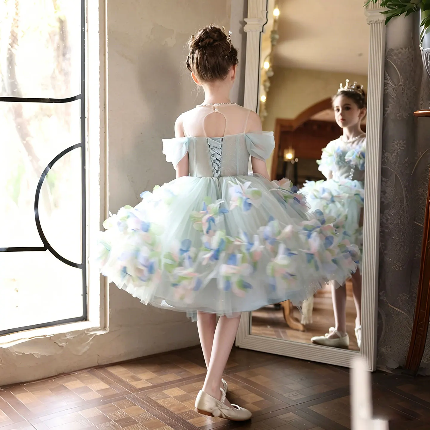 Jill Wish J528 Girls Dress 3D Flowers Off Shoulder Puff Sleeve Tulle Ball Gown Flower Girl Wedding Party Birthday Princess Dress