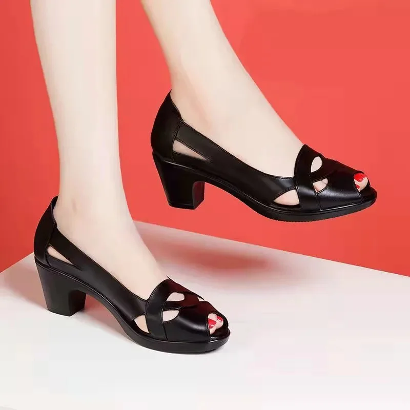 Cresfimix Zapatos De Mujer Women Fashion Black Hollow Out Comfort Spring Summer Slip on Square Heel Shoes Office Pumps A1172