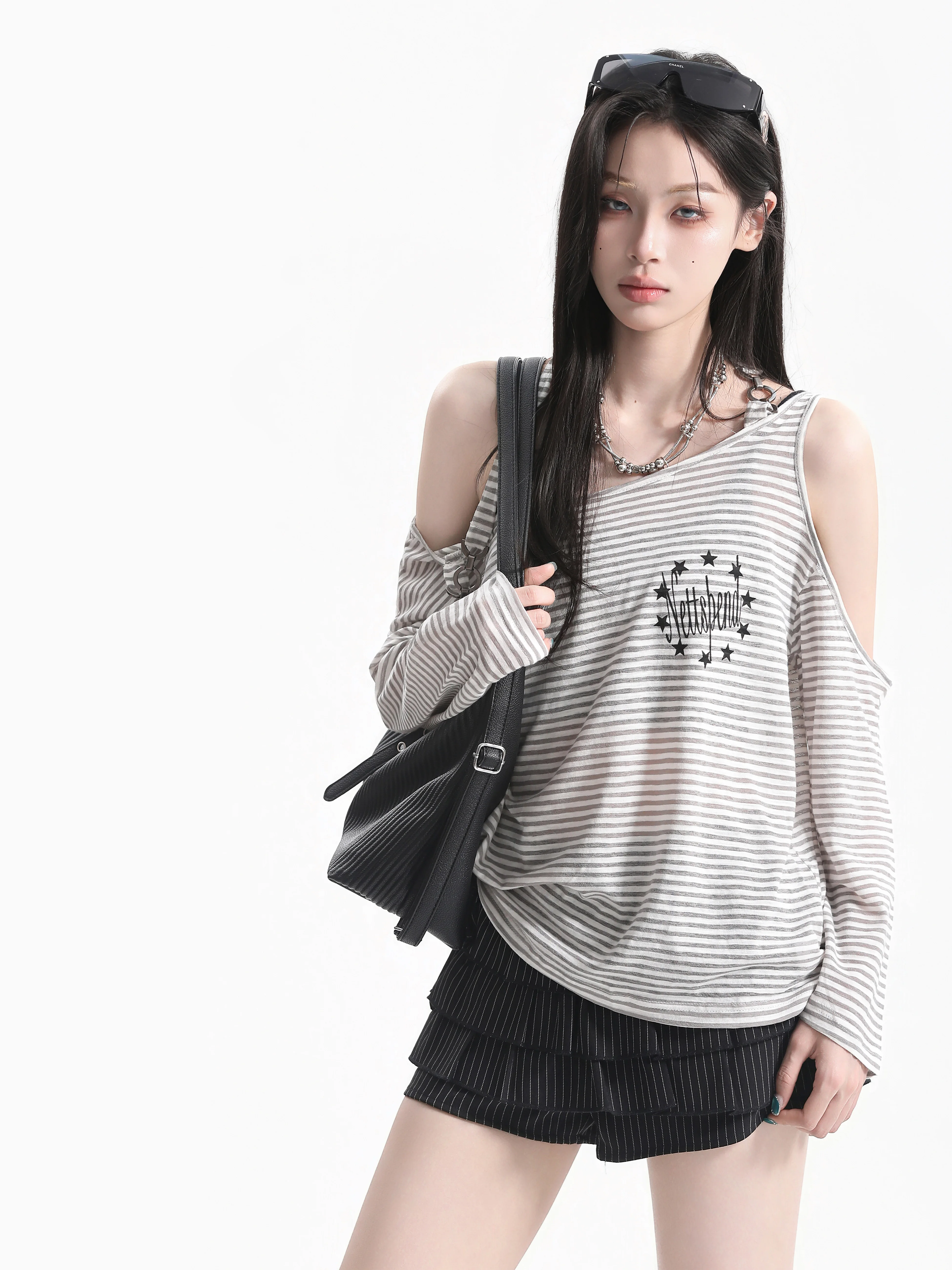 Slimming Effect American Style T-Shirt Shoulder Bared Long Sleeve Star Print Casual Top for Women Breathable Comfortable Wear
