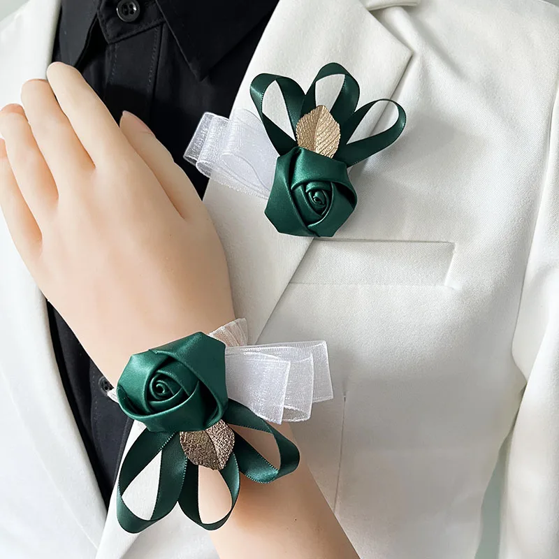 Groom Boutonniere Corsage Bride Wedding Accessories Brooch Handmade Ribbon Rose Women Bracelet Men Buttonhole Flowers Prom Decor