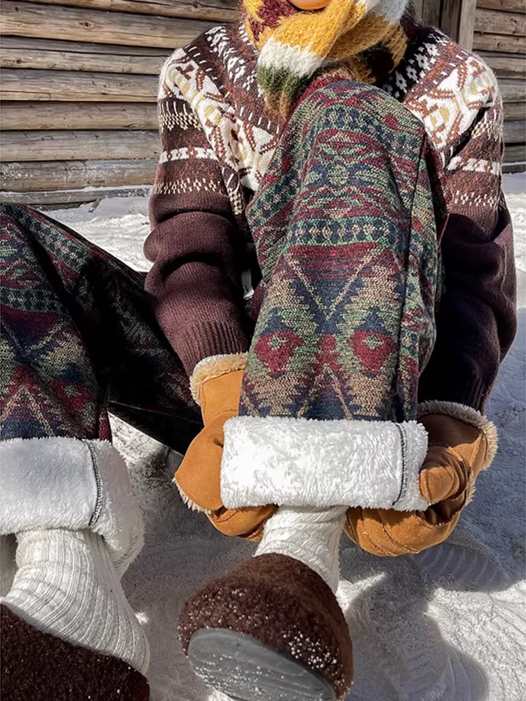 

Бархатные трикотажные брюки в стиле ретро, мужские зимние повседневные спортивные штаны Thiened Fce, прямые брюки, теплый геометрический узор