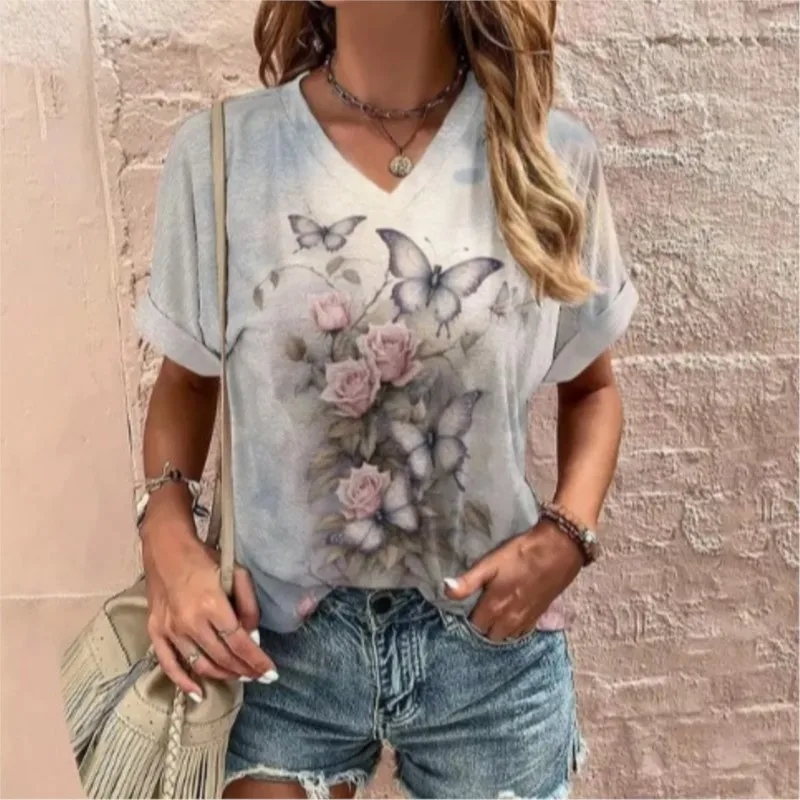 

Fashion T-shirt For Women 3D Floral Print V-neck Short Sleeved Top Summer Oversized Clothing Women's T-shirt Pullover Loose Fit