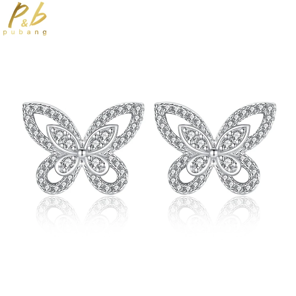 

PuBang Fine Jewelry Bowknot Stud Earrings 925 Sterling Silver Created Moissanite for Women Wedding Engagement Gift Free Shipping