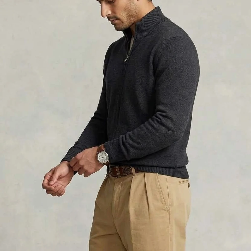 Herbst Herren Strick-Cardigan mit Reißverschluss, lässige Jacke mit Stehkragen, weiche Jacke, schmale Passform, thermische Winter-Oberbekleidung für Herren – Detail 6