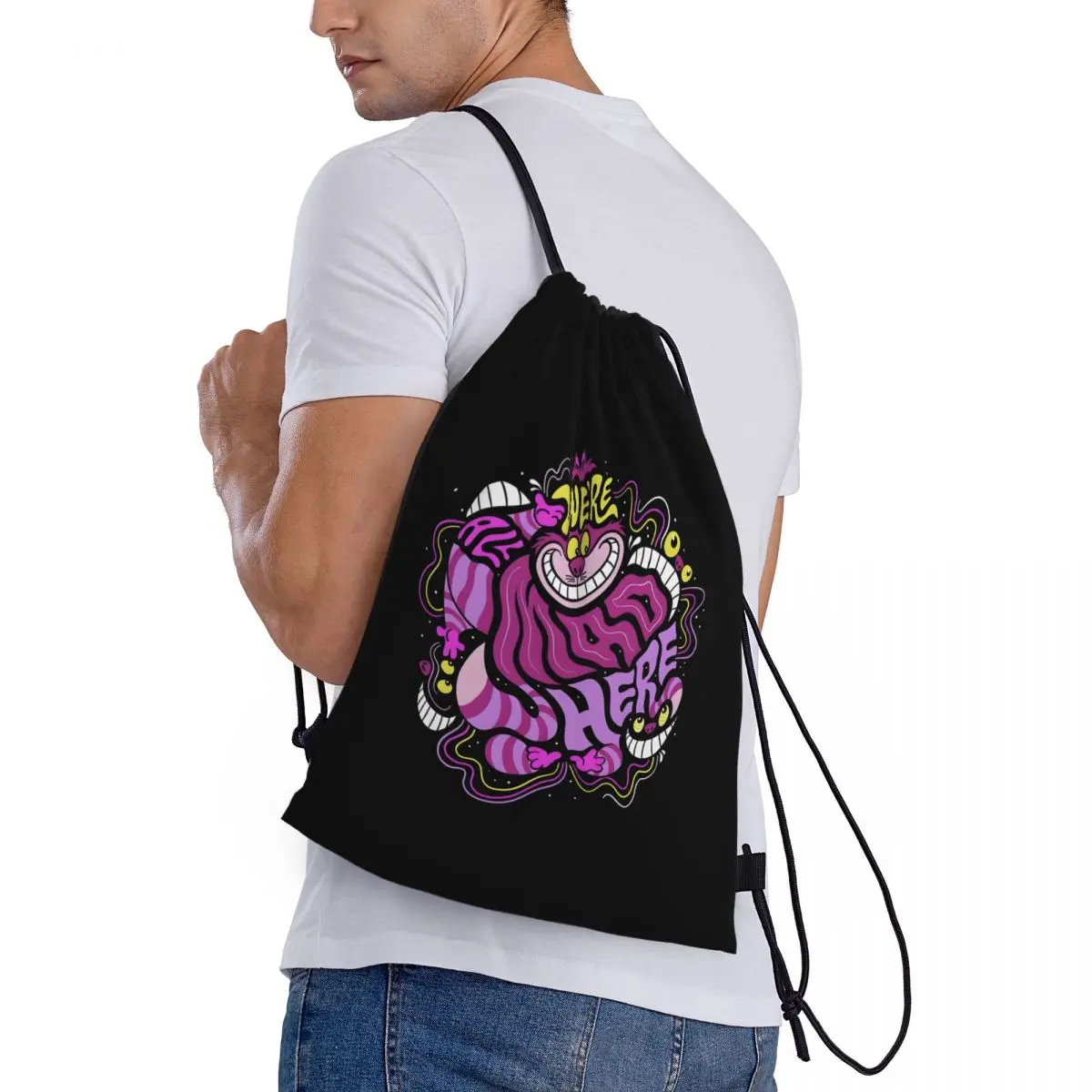 Sac à cordon de chat de Cheshire personnalisé pour l'entraînement sacs à dos de Yoga hommes femmes chat souriant sac à dos de sport