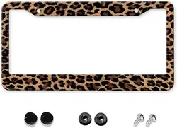 Leopard Print License Plate Frames 2 Holes Cheetah Print License Plate Frame Car Tag Covers Holder Aluminum Metal Decorative