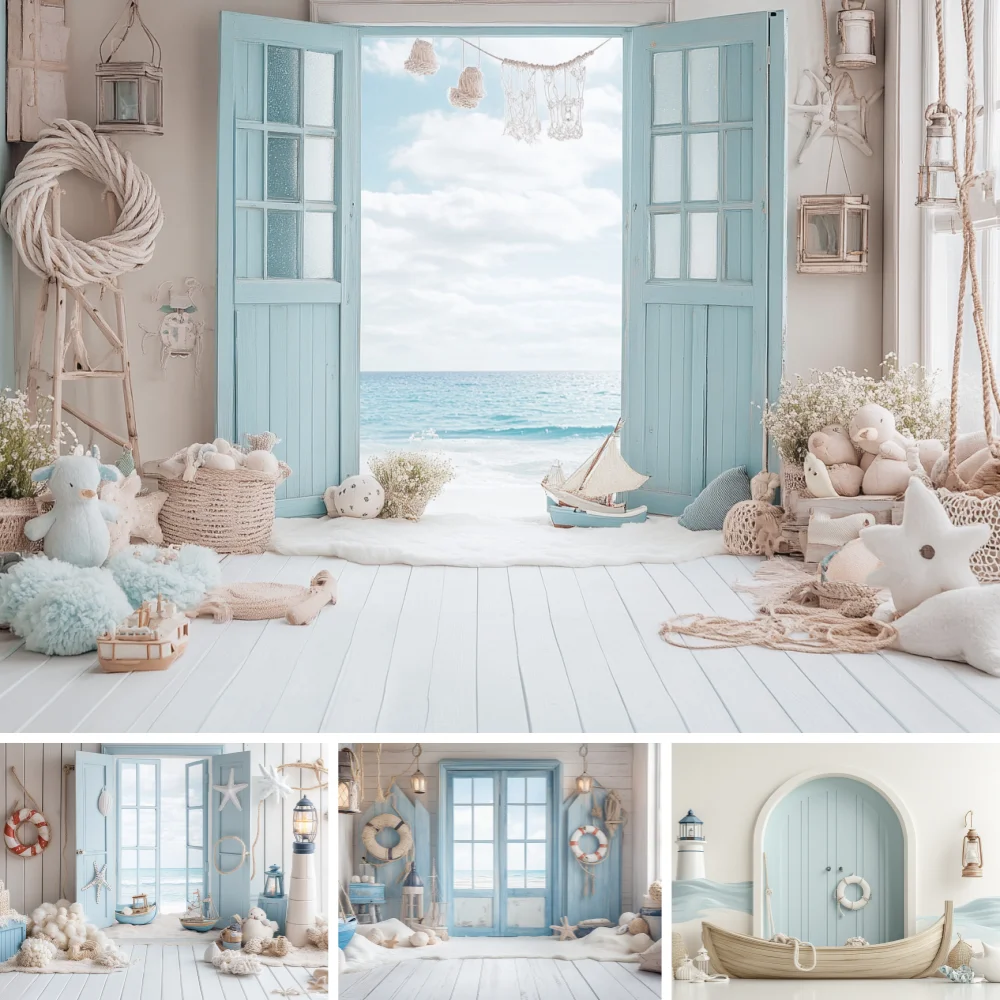 Summer Seaside Photography Backdrop Tree Blue Cottage Fresh Ocean Wedding Birthday Baby Shower Portrait Background