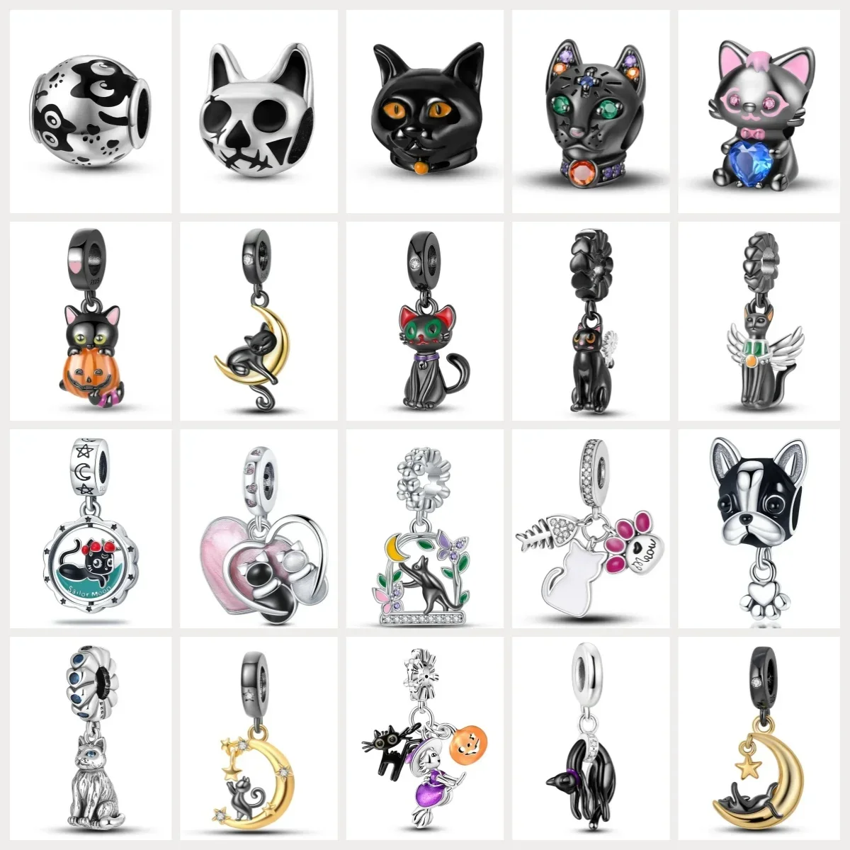女性用925スターリングシルバーアニマルビーズ、クールブラックシリーズ、猫と犬、ゴールドムーンチャーム、オリジナルブレスレットに適合、DIYジュエリーギフト