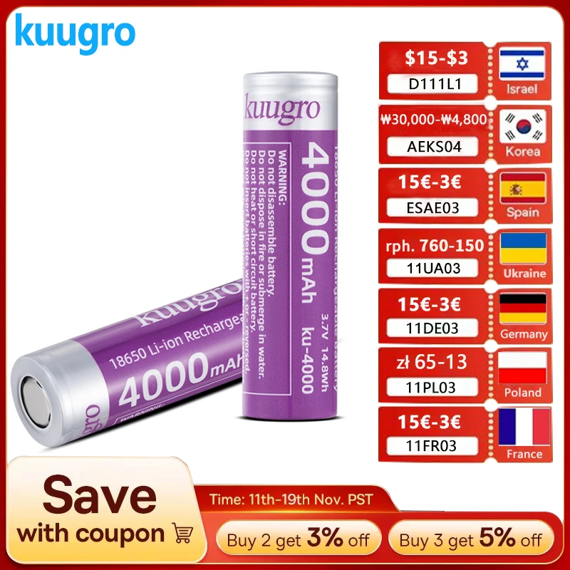 

Kuugro ku-4000 Highest Capacity 18650 Battery 4000mAh 3.7V 12A Discharging Rechargeable Batteries For Flashlight Batteries