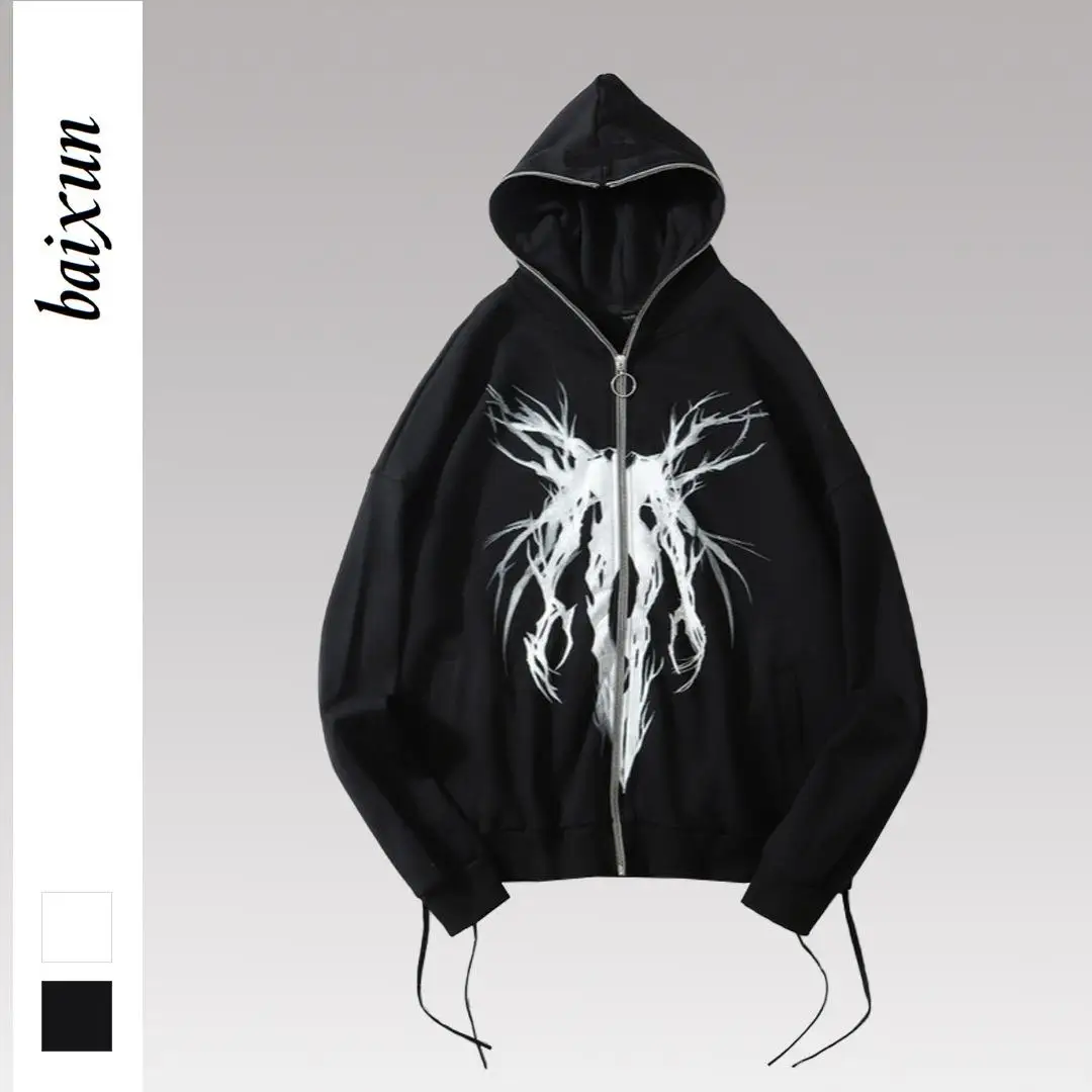 

plus Size Printed Zipper Cardigan Couple Hoodie Jaet Long Sve Mid-Length Polyester Women's Faion Autumn Wear