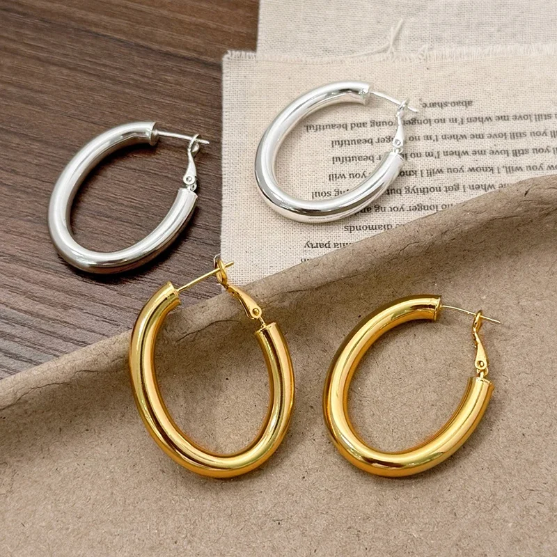 

Real 925 Sterling Silver Minimalist Elliptical Hoop Earrings for Women Trendy Geometric Fine Jewelry Exaggerated Accessories