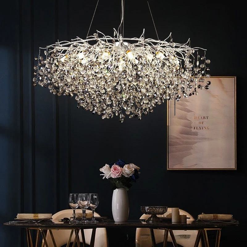 

Silver Crystal Ceiling Chandeliers For Dining Living Room Table Bedroom Foyer Oval Large Branch Crystal Pendant Lamp
