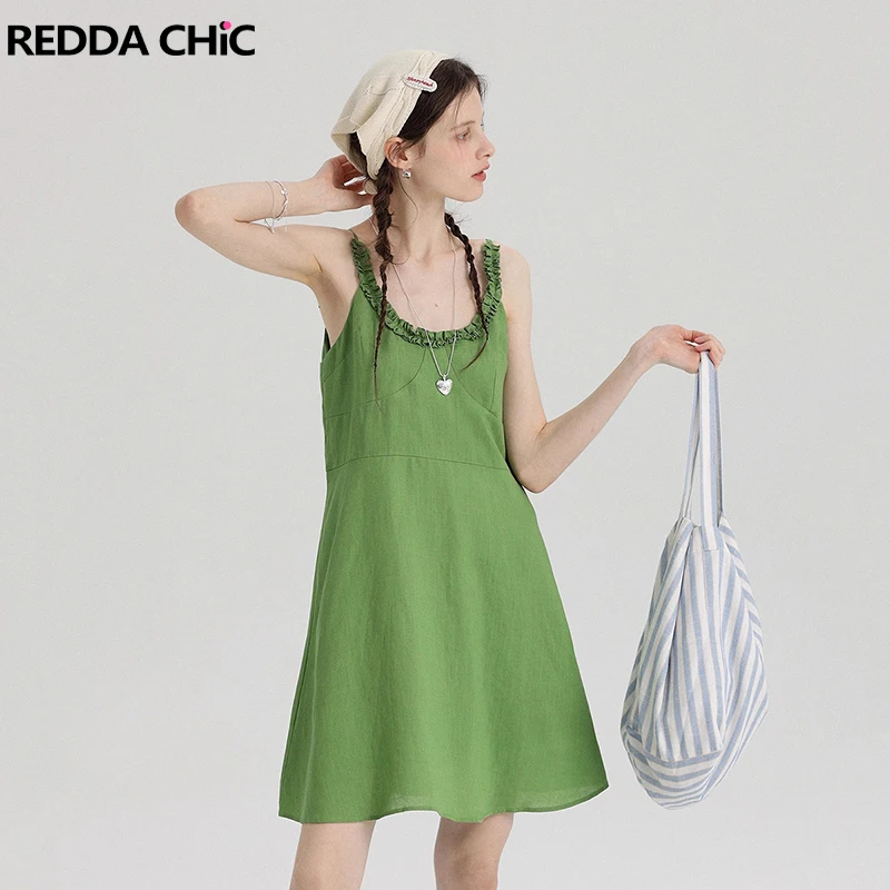 

REDDACHiC Frilly Scoop Neck Women Sundress Linen Solid Spaghetti Strap Sleeveless A-line Mini Dress Casual Holiday Beachwear