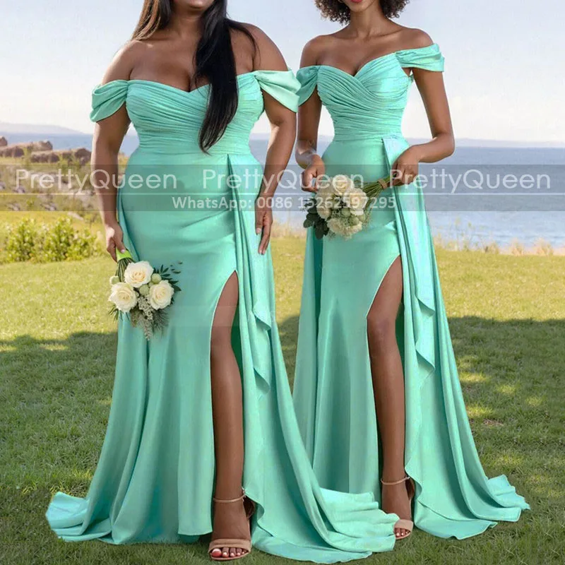 Sexy High Slit Mermaid Bridesmaid Dresses Customized Pleat Off Shoulder Long Waistline Cap Mint Green Party Dress Wedding Guest