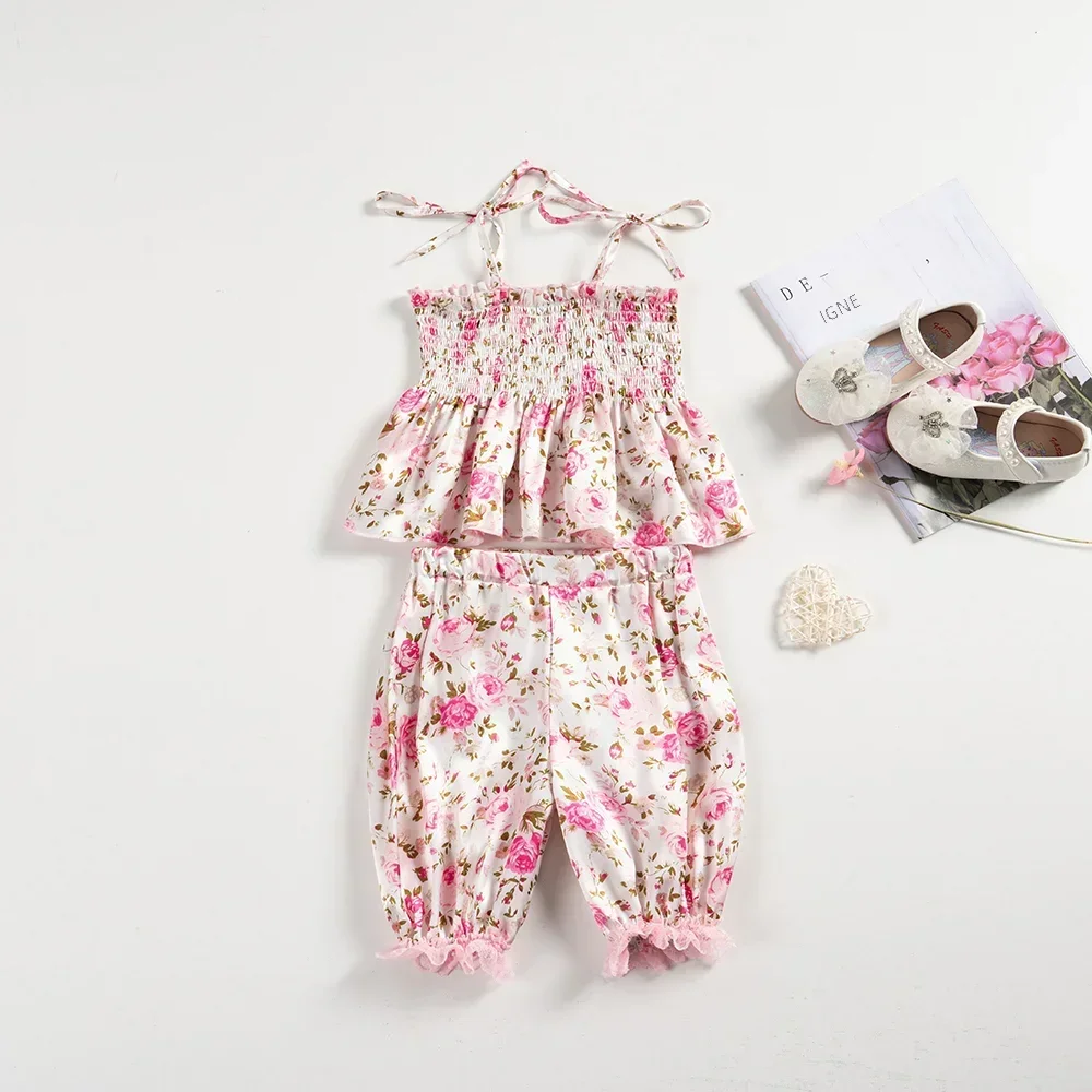 Summer Baby Girl Set Plain Weave Suspender Top + Leggings 2pc Set Rose Pattern Casual Comfort Set, Vacation or Going Out