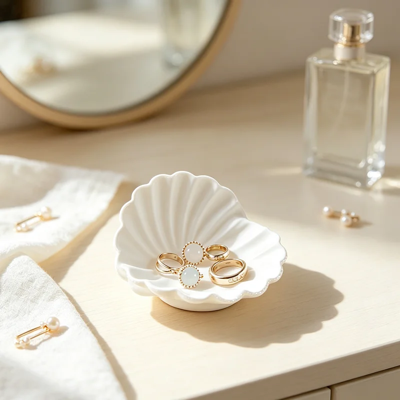 3D Printed White Shell Jewelry Tray Scalloped Seashape Ring Earrings Storage Vanity Desktop Organizer Decorative Trinket Holder