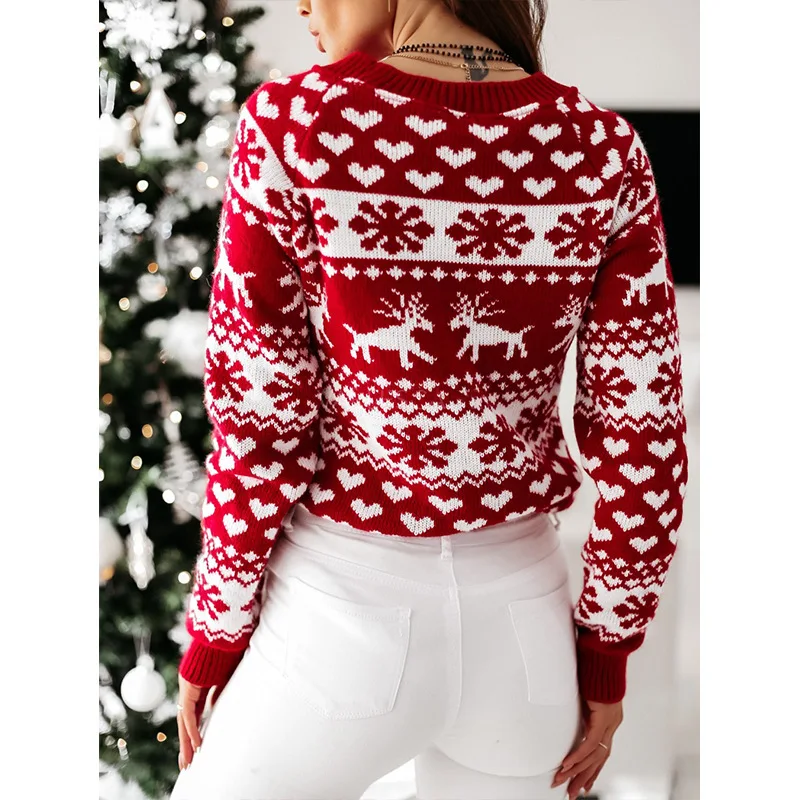 New Autumn Winter Knitted Sweater Women\'s Round Neck Pullover Christmas Elk Snowflake Long Sleeve Knitted Sweater