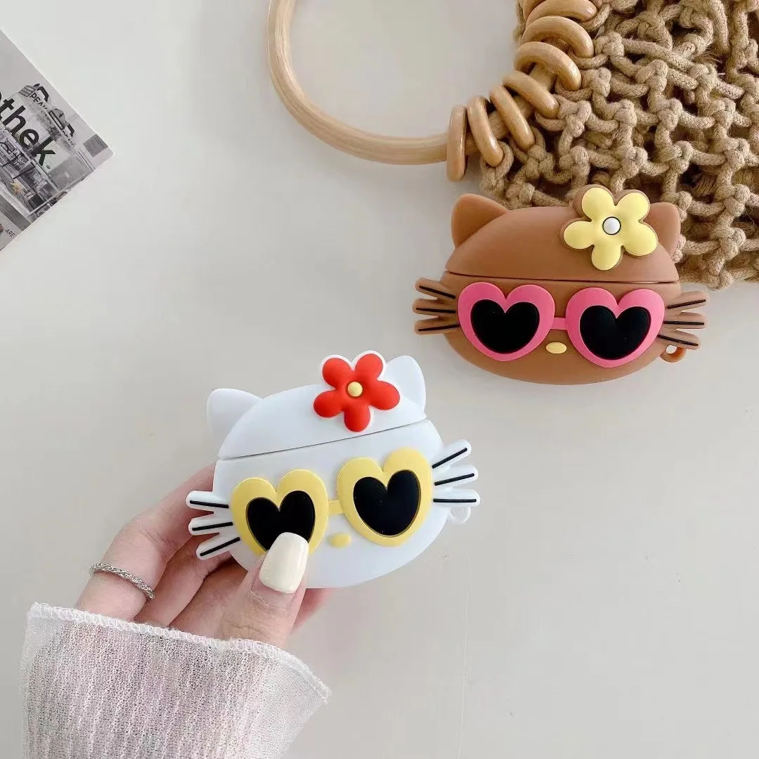 حافظة لهاتف Airpods Pro 2، نظارات Hello Kitty الشمسية باللون البني من السيليكون لسماعات Airpods 3 2 1 حافظة لهاتف Kids Funda #2