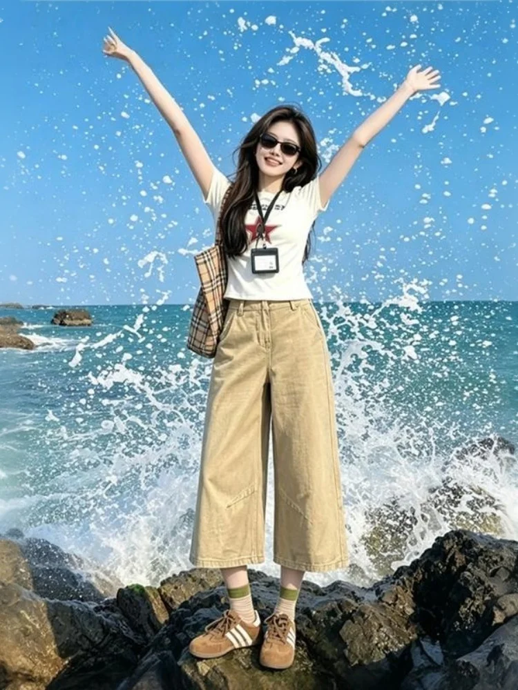 

American Style Khaki Wide Leg High Waist Jeans Women Summer New Loose Fit Seven Feet Jeans Casual Comfortable Cotton Denim