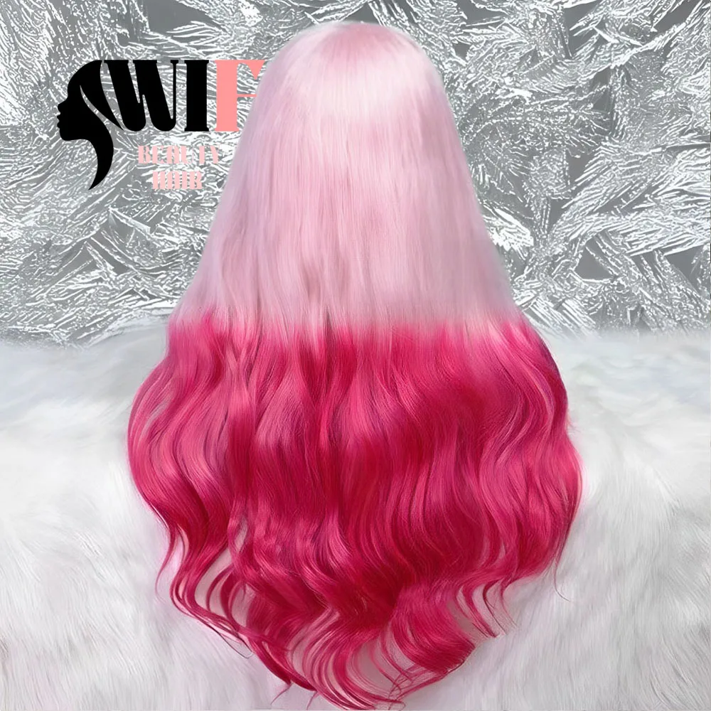 WIF-Peluca de cabello sintético para mujer, cabellera artificial ondulado de color rosa claro a rosa oscuro, con malla frontal de fibra de calor, para Cosplay