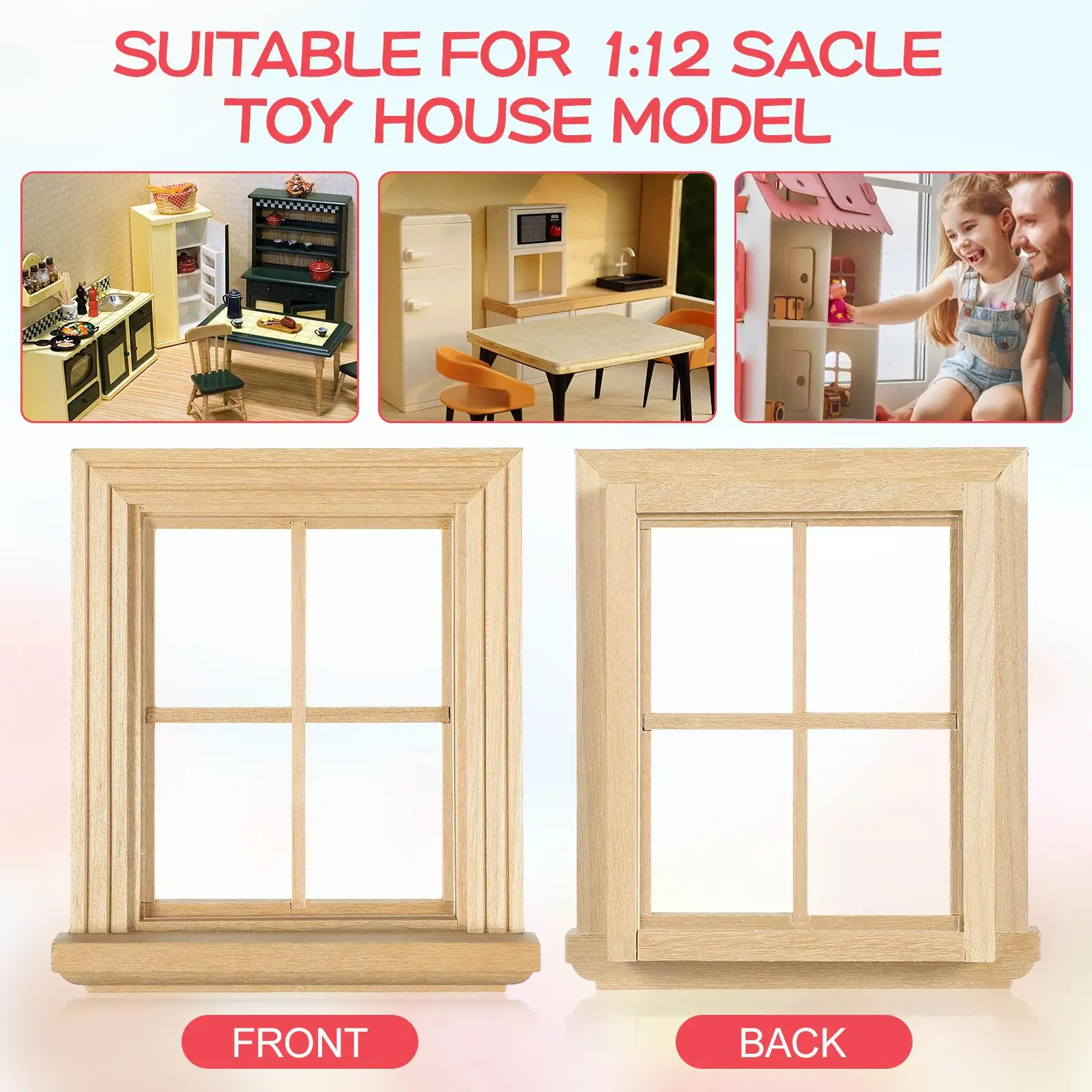 Rompecabezas de cuatro rejillas para ventana, marcos de muebles de casa de madera de abedul resistentes, juguete en miniatura, accesorios de decoración para habitaciones pequeñas simulados, 2 uds.