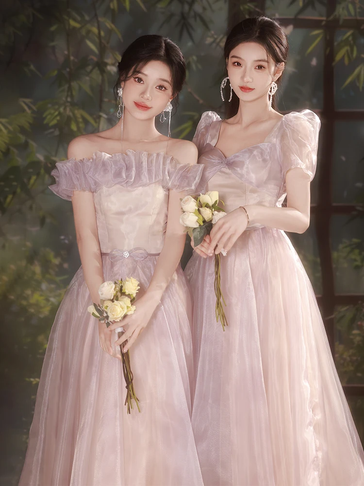 

Light Purple Tulle Bridesmaid Dress V-Neck Off Shoulder A-Line Ball Gown Back Lace Up Sister Group Wedding Party Dresses