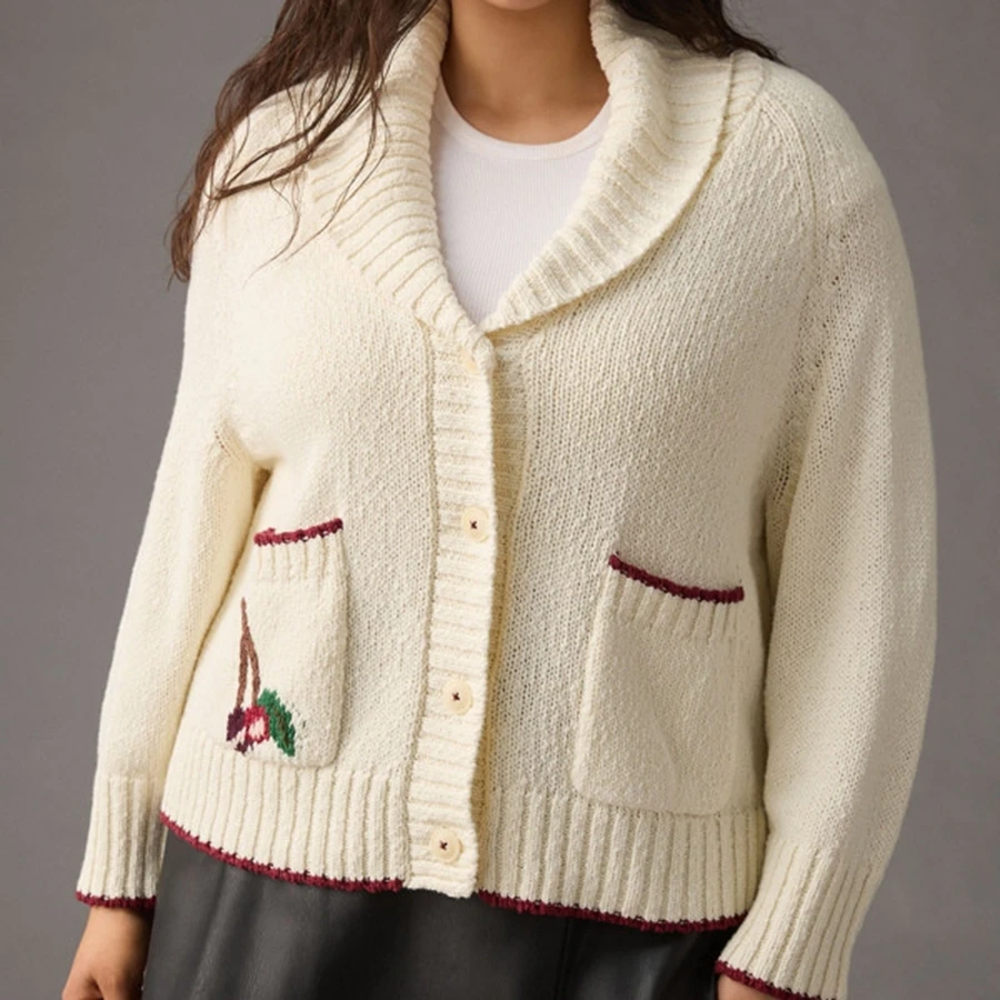 Maglioni da donna con scollo a V profondo e bottoni, cardigan in maglia a maniche lunghe con motivo ciliegia casual, maglieria autunnale calda per streetwear
