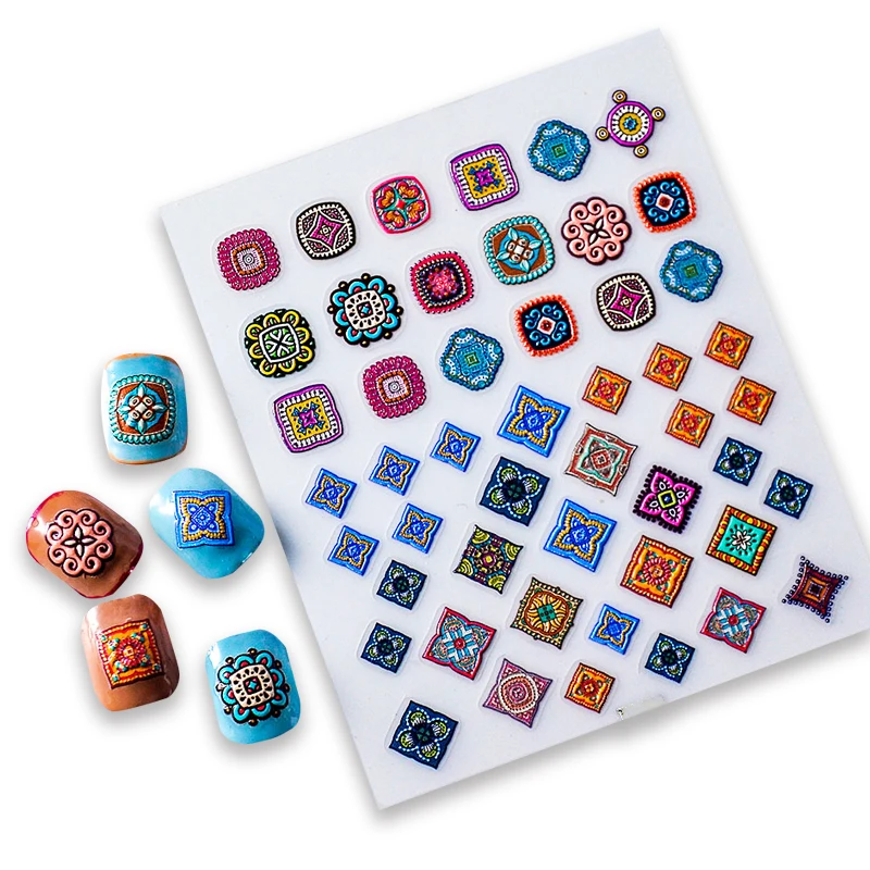 Bohemian Delicate Colorful Totems 5D Soft Embossed Reliefs Self Adhesive Nail Art Stickers 3D Nail Decals