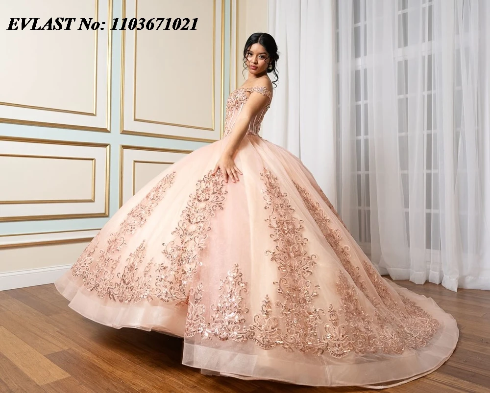 EVLAST-Robe de RhQuinceanera rose personnalisée, paillettes brillantes, appliques en dentelle, corset de perles, robe Sweet 16, SQ582, 15 ans