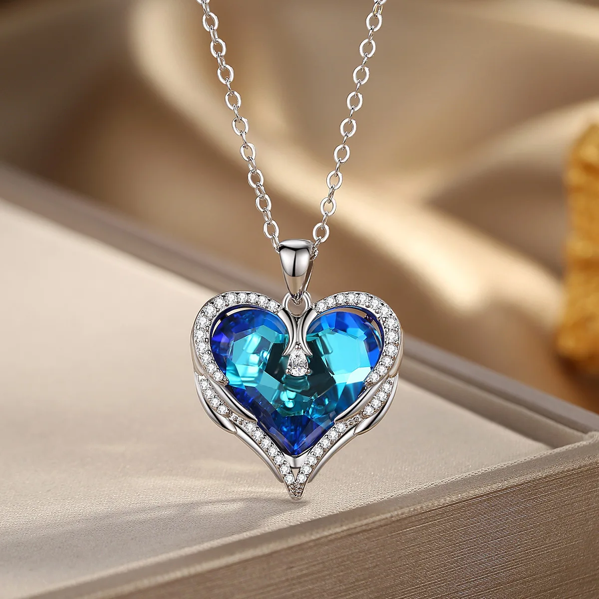 Titanic Heart of Ocean Necklace Blue Crystals from Austria Romantic Love Heart Angle Wings Pendant Necklace for Women Girls