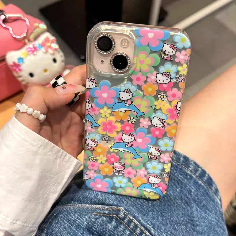 Hello Kitty Flower Dolphin Phone Case For iPhone 16 15 14 13 12 11 Pro Max XR XS MAX 7 8 Plus MINI Y2K Girl Laser Cover