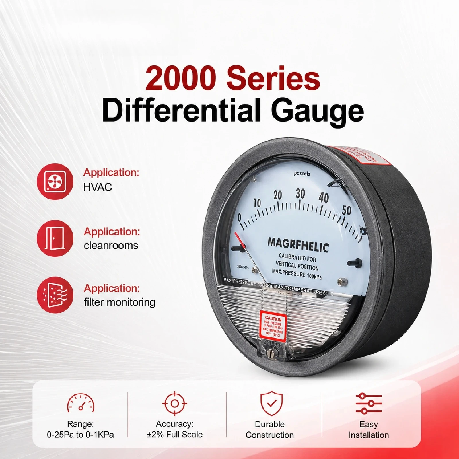 Pressure Gauge 2000 Series Micro AirCleanroomCase PC Cover Pointer -68~100KPa